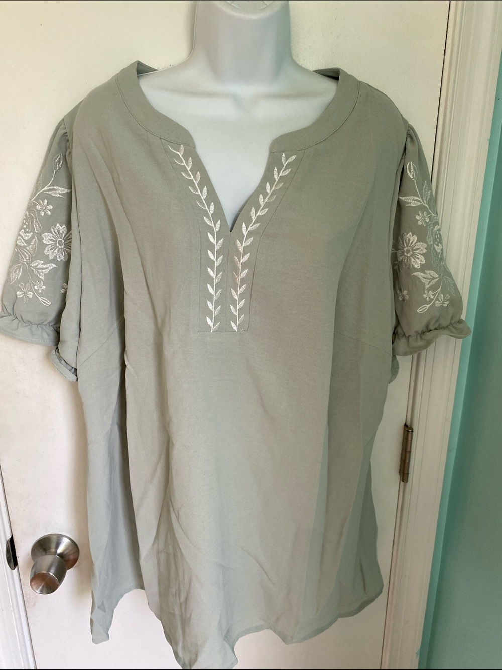 Bloomchic Embroidered V-Neck puff sleeve  Tunic Top